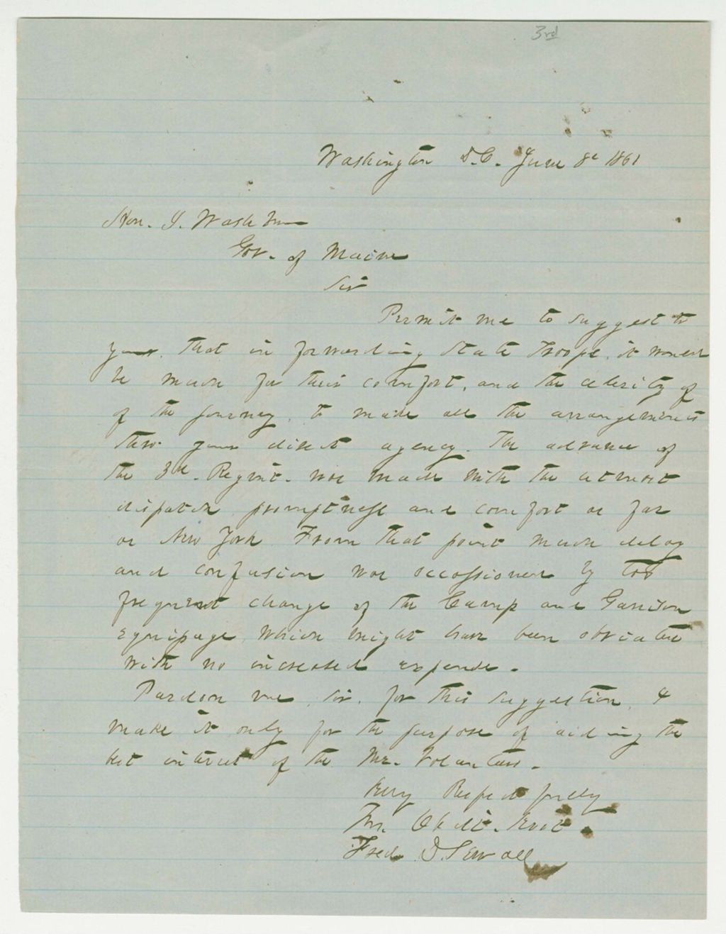 Miniature of Fred D. Sewall suggests more attention to transportation of troops south of New York