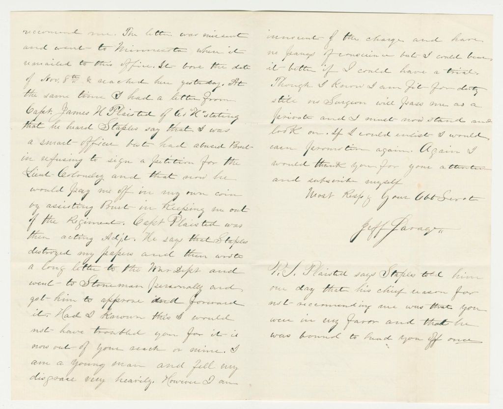 Miniature of Jeff Savage writes Governor Washburn about the injustice of his dismissal from service