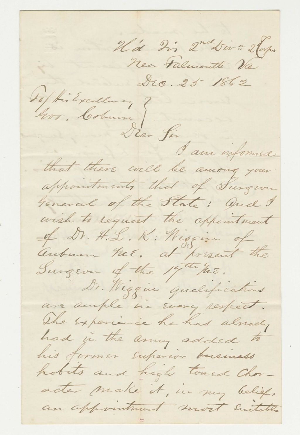 Miniature of General O.O. Howard requests appointment of Dr. H.L.K. Wiggin for Maine Surgeon General