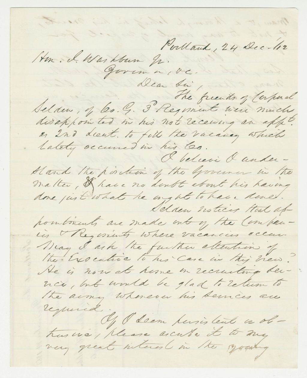 Miniature of James McCobb recommends Charles H. Selden for promotion in a new regiment