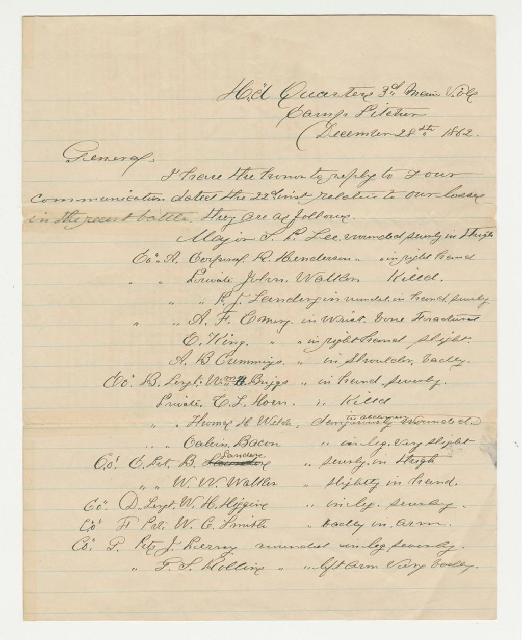 Miniature of Colonel Moses Lakeman writes General Hodsdon regarding losses in battle at Fredericksburg