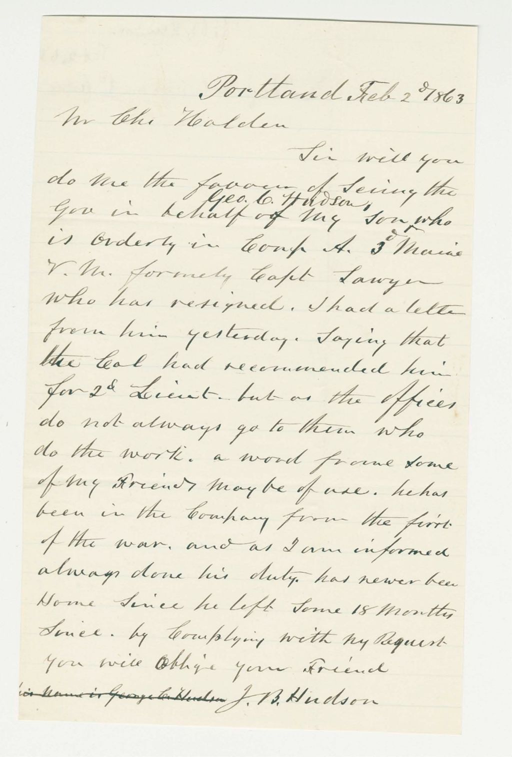 Miniature of J.B. Hudson recommends his son George Hudson for promotion
