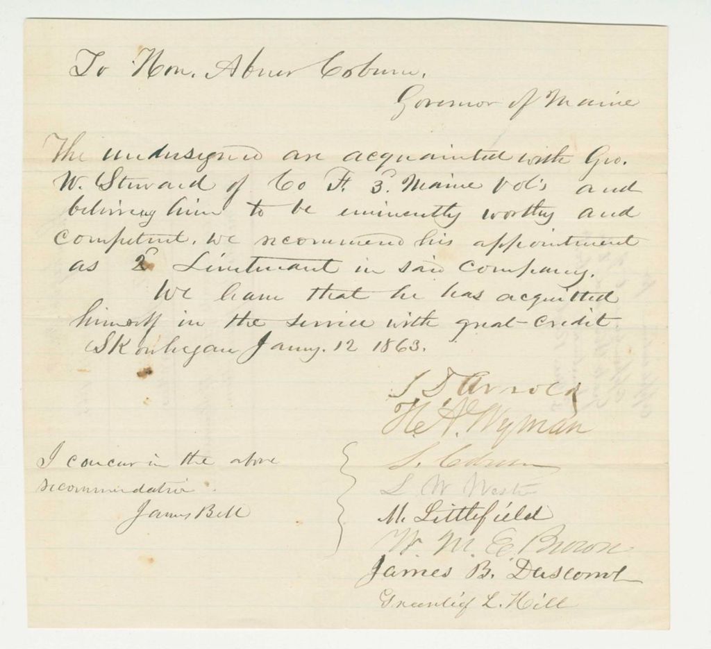 Miniature of Greenlief L. Hill and others recommend George W. Steward for commission as 2nd Lieutenant