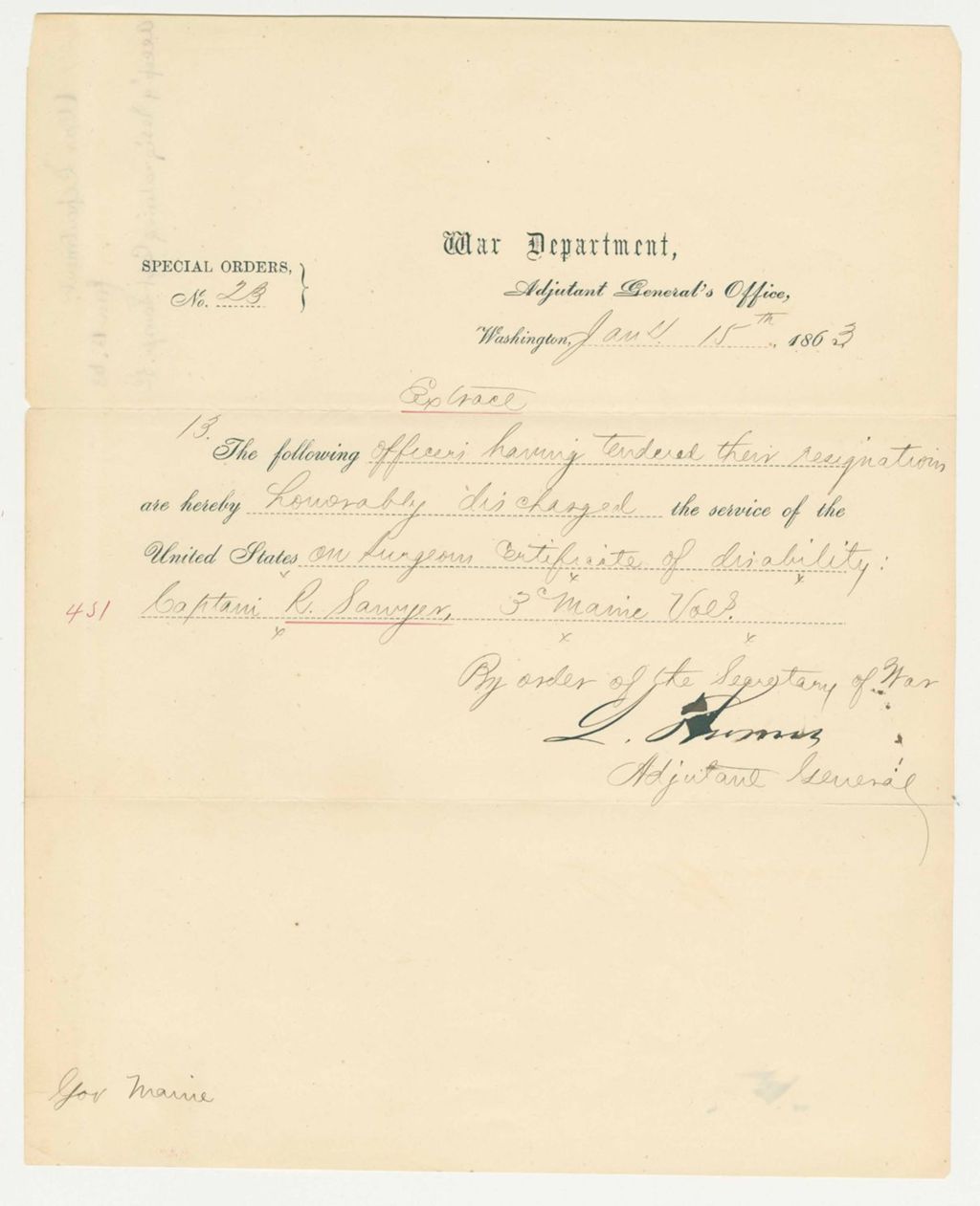 Miniature of Special Order 28 honorably discharging Captain R. Sawyer for disability