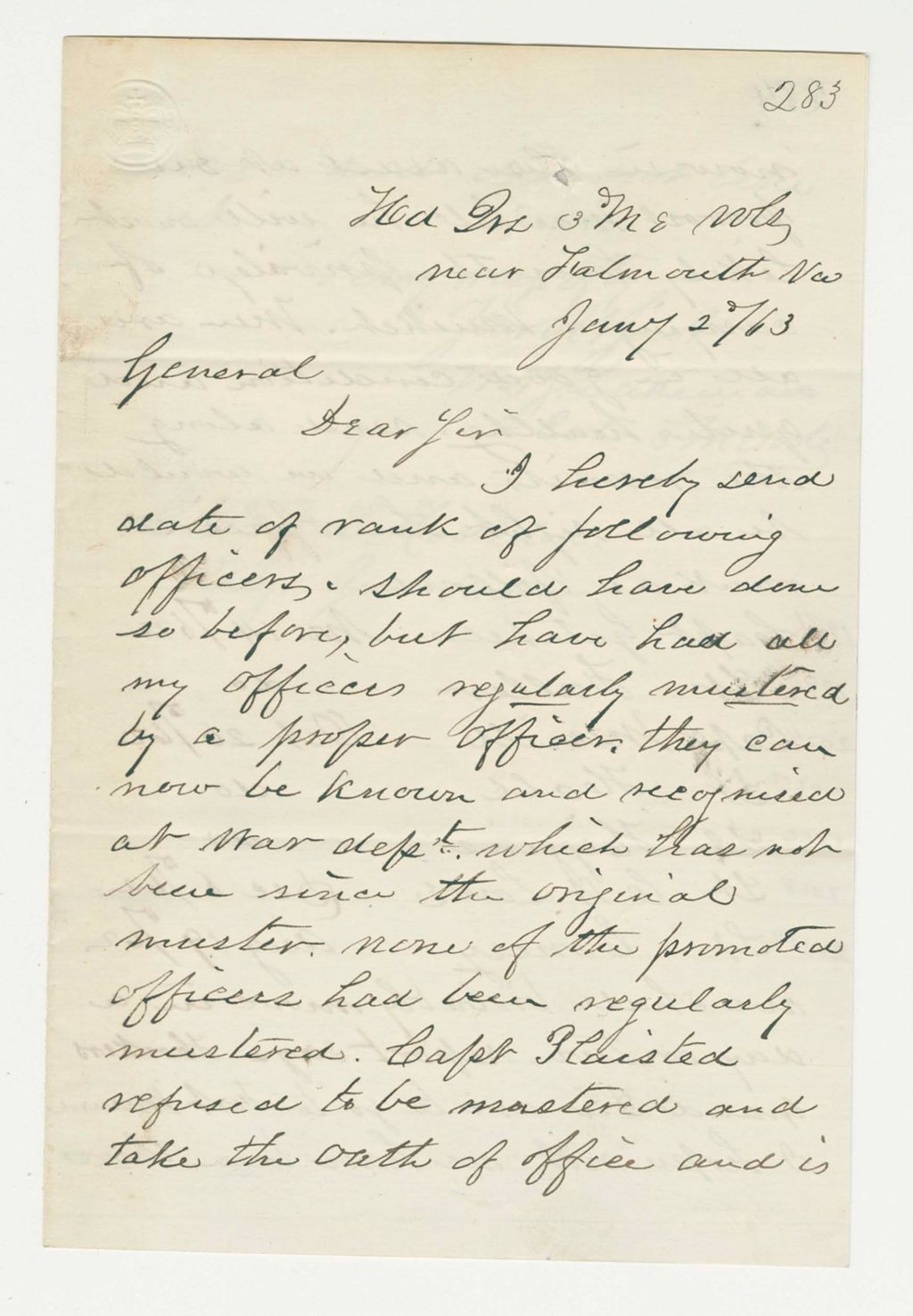Miniature of Colonel Moses Lakeman reports that Captain Plaisted refused to be mustered and is under arrest