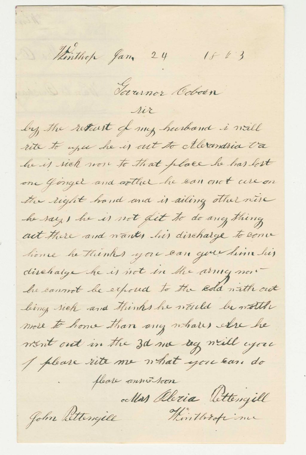 Miniature of Mrs. Olivia Pettengill requests the discharge of her ailing husband John