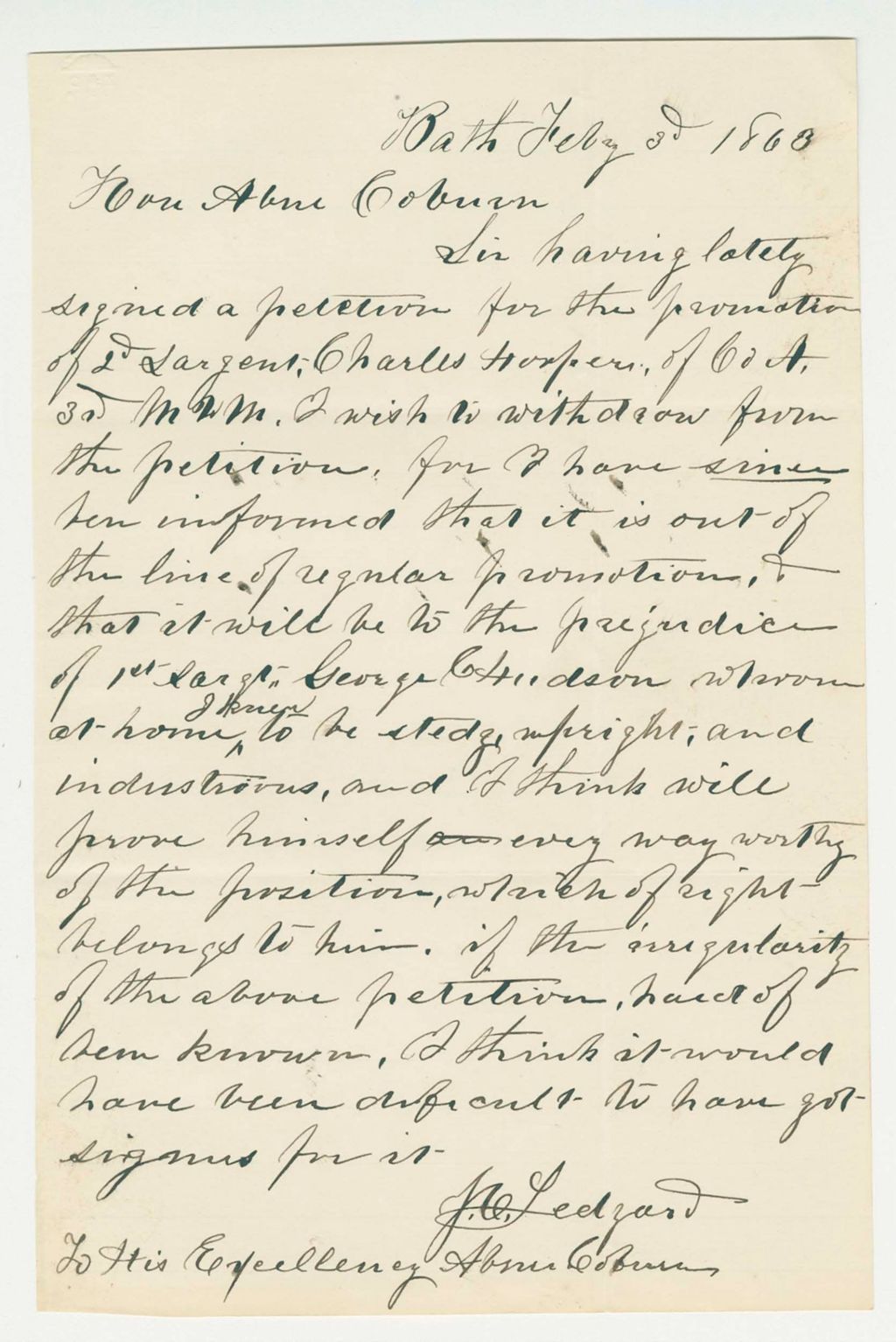 Miniature of Mr. Ledyard wishes to withdraw his recommendation of Charles Hooper