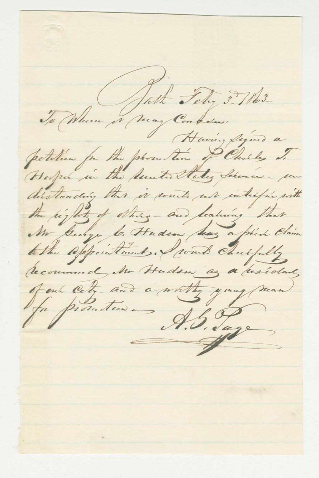 Miniature of A.B. Page recommends Charles Hooper for promotion