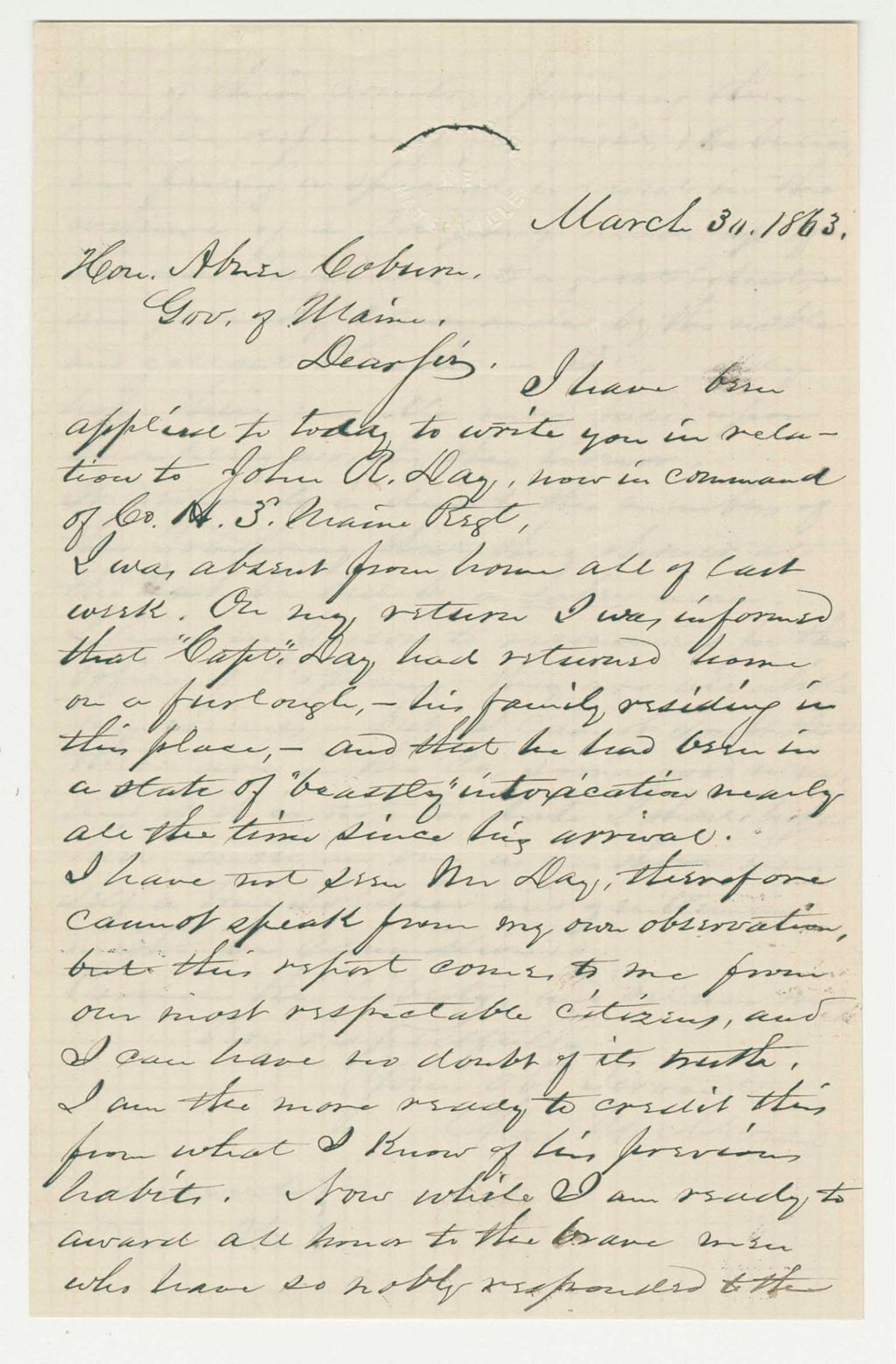 Miniature of Charles Morse reports on the drunkenness of John R. Day