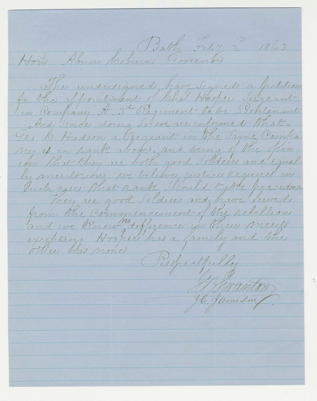 Miniature of J.C. Jameson and G.B. Swanton recommend promotion of Charles Hooper of Company A