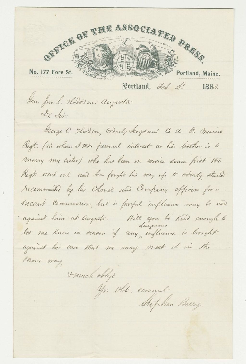 Miniature of Stephen Berry recommends Orderly Sergeant George Hudson for promotion