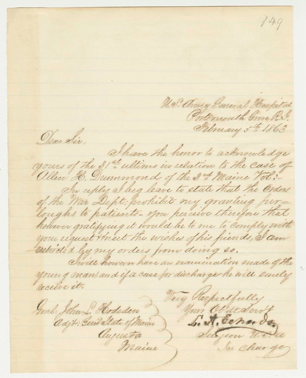 Miniature of Surgeon of Portsmouth Grove Hospital writes he is unable to grant a furlough to Allen H. Drummond