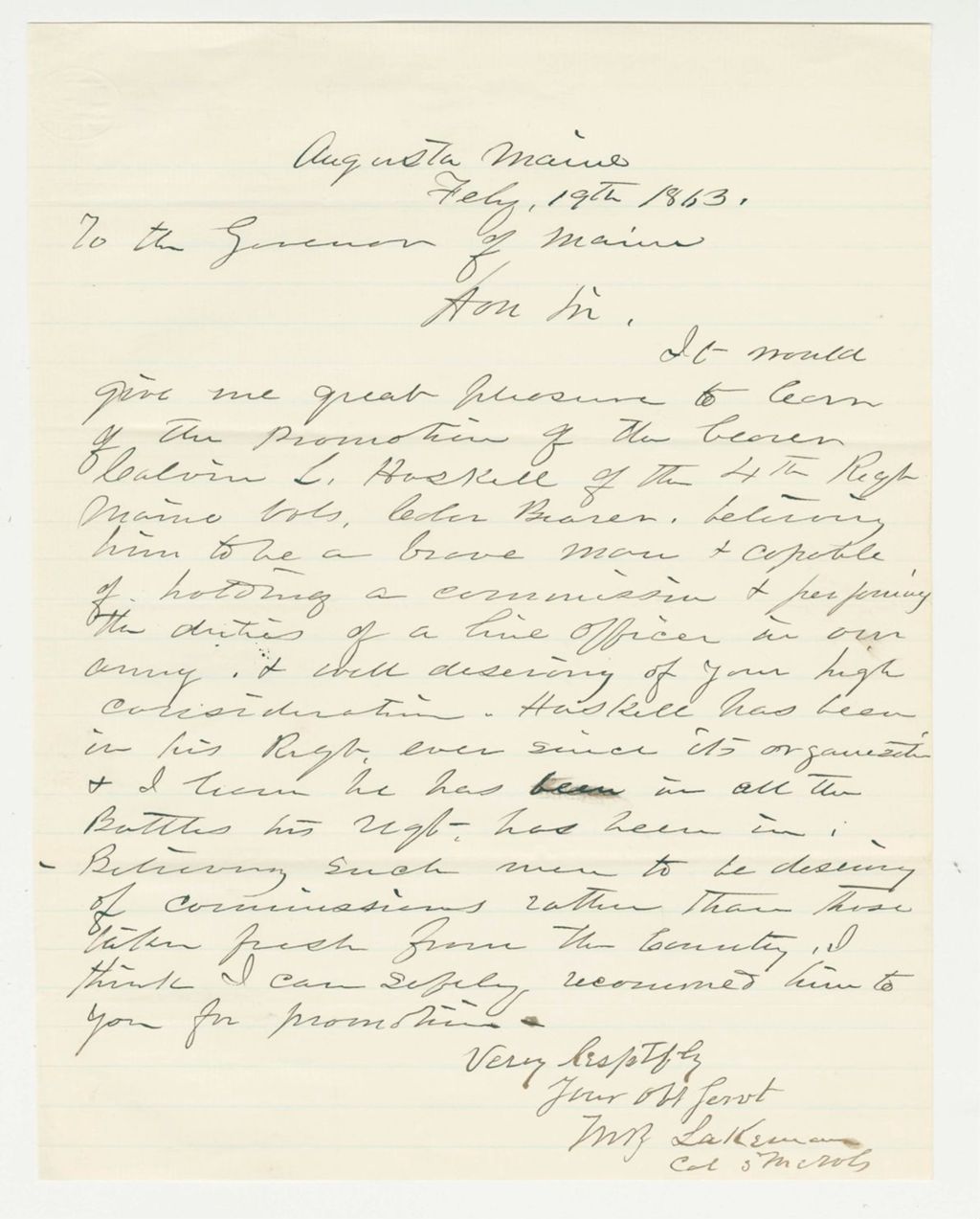 Miniature of Colonel Moses Lakeman recommends Calvin Haskell for promotion