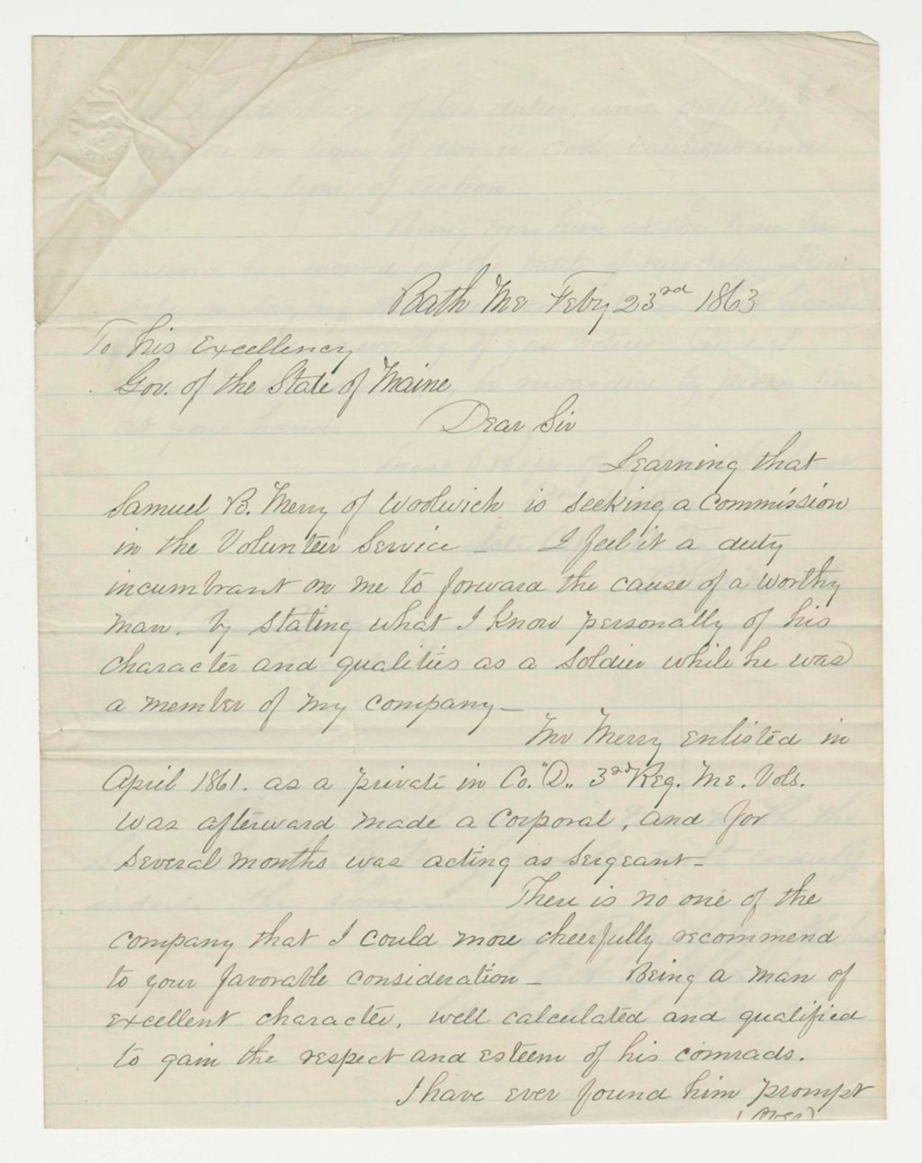 Miniature of Captain William H. Watson recommends Samuel B. Merry for a commission