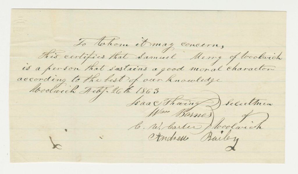 Miniature of Selectmen of Woolwich recommend Samuel Merry