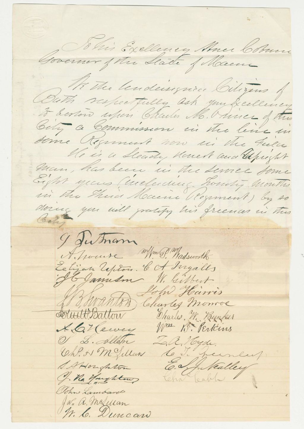 Miniature of Doctor Putnam and citizens of Bath recommend Charles Prince for commission