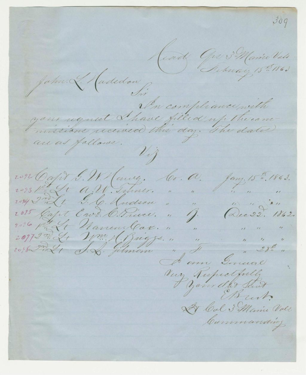Miniature of Lieutenant Colonel Edwin Burt forwards the commissions of several officers
