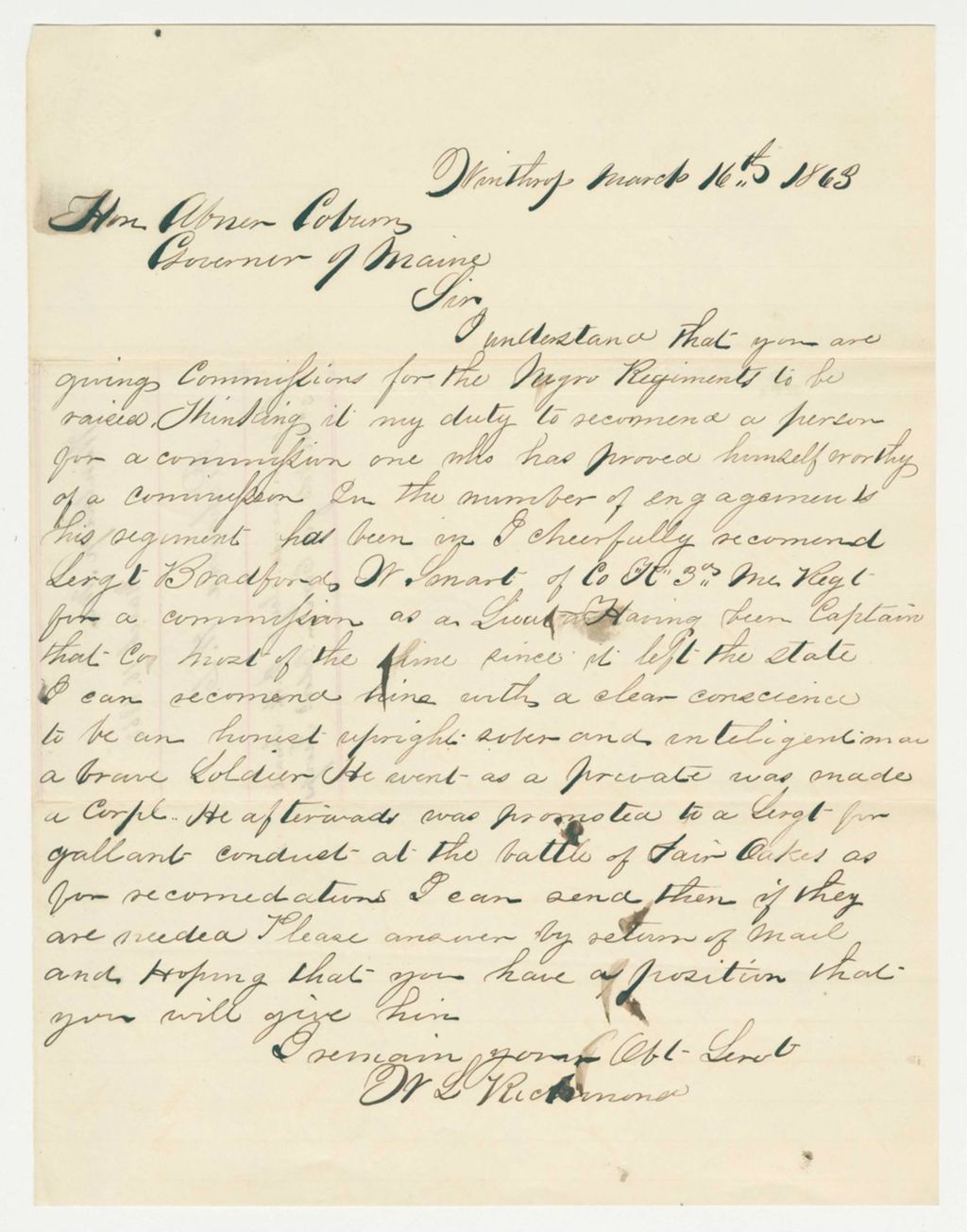 Miniature of W.L. Richmond recommends Sergeant B.W. Smart for a commission in the Colored Troops