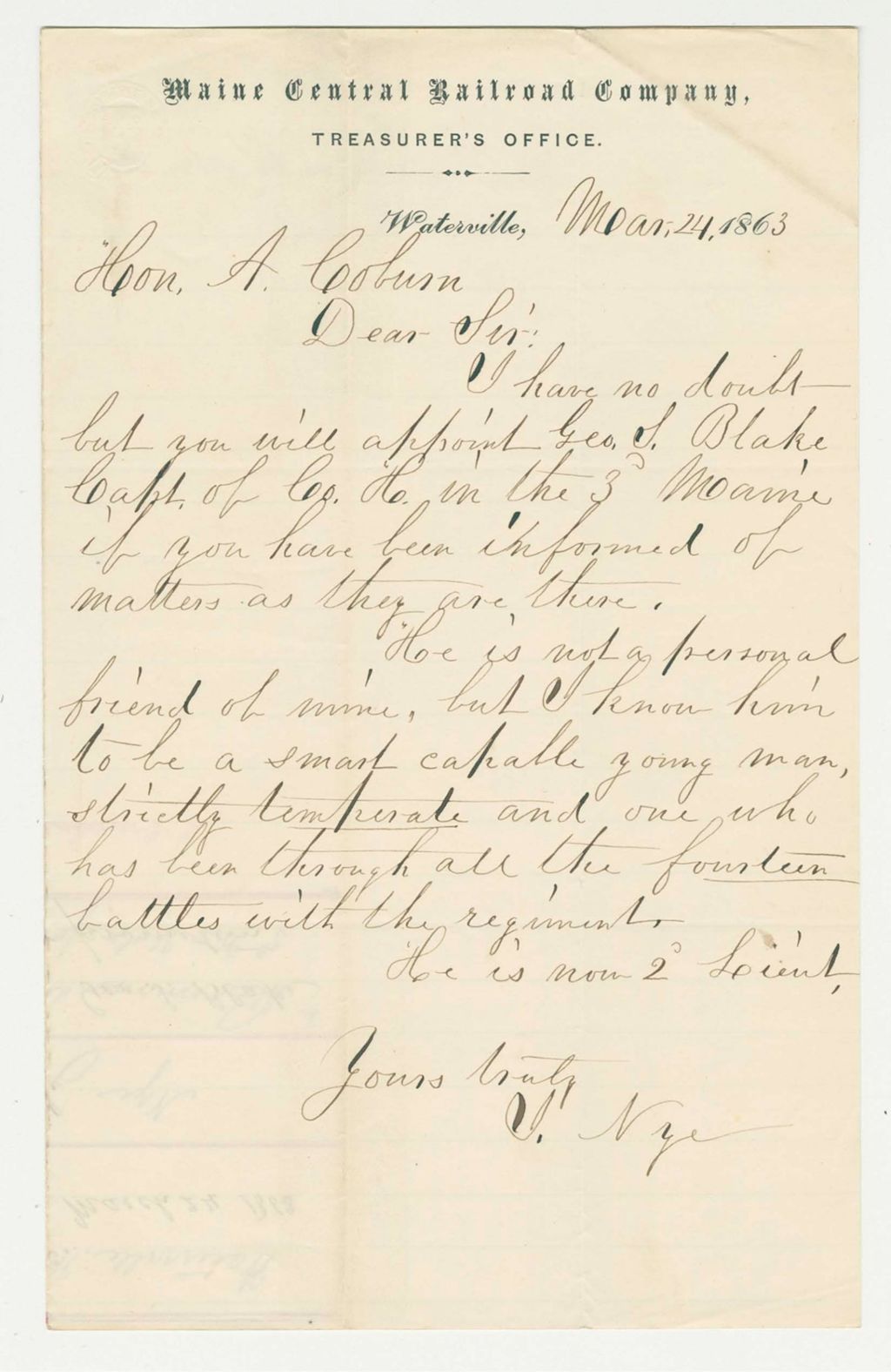 Miniature of Mr. Nye recommends George Blake for promotion