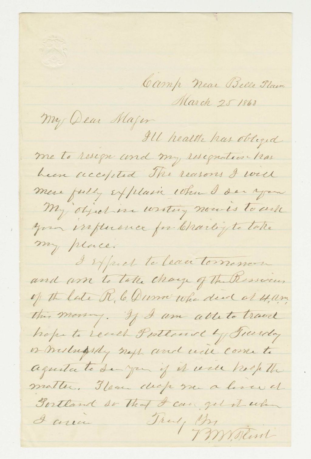 Miniature of Mr. Hunt resigns and will travel home with the possessions of the deceased R. Dunn