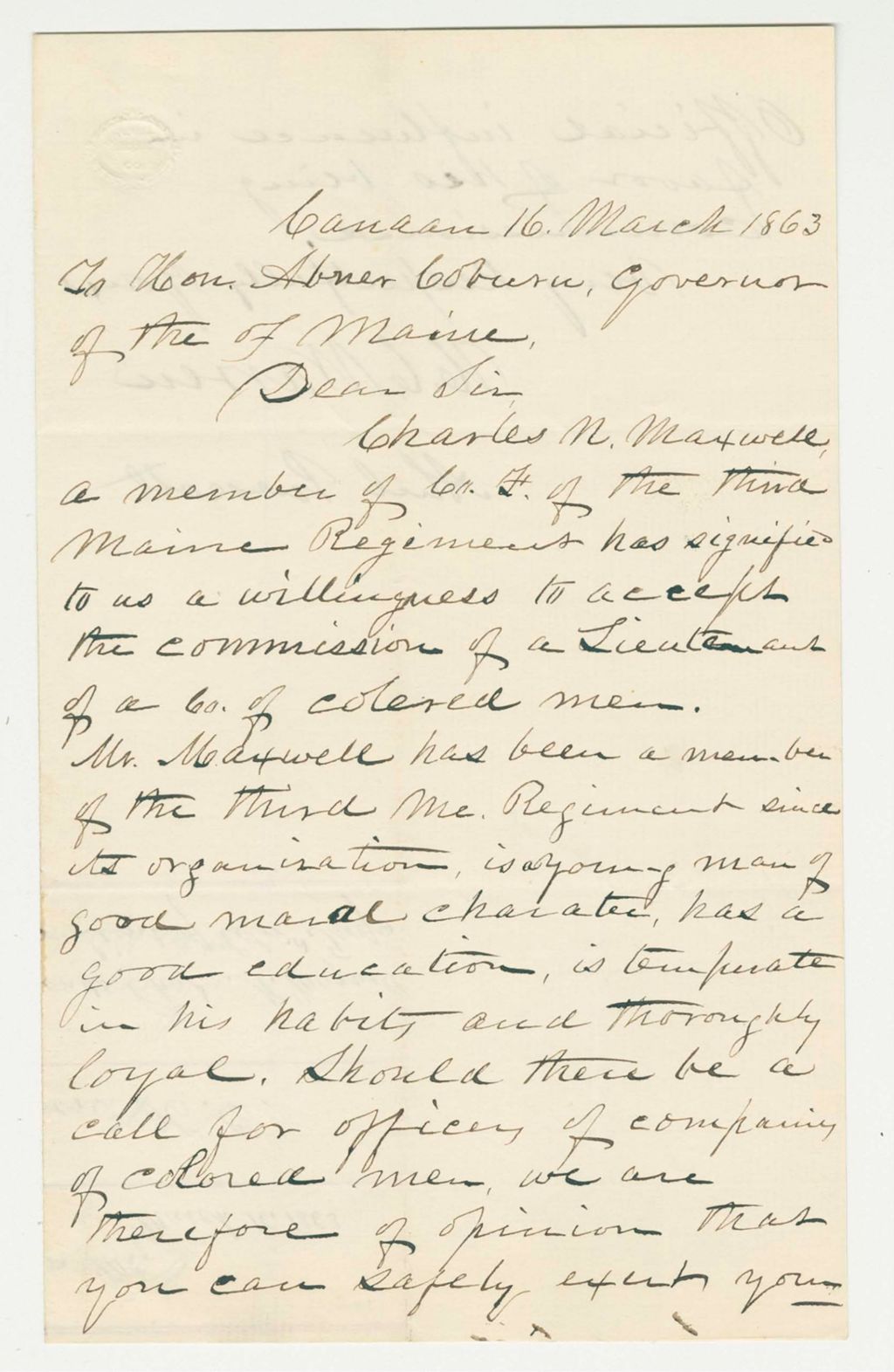 Miniature of H. Warren and Abel Prescott recommend Charles Maxwell for a position in the colored regiment