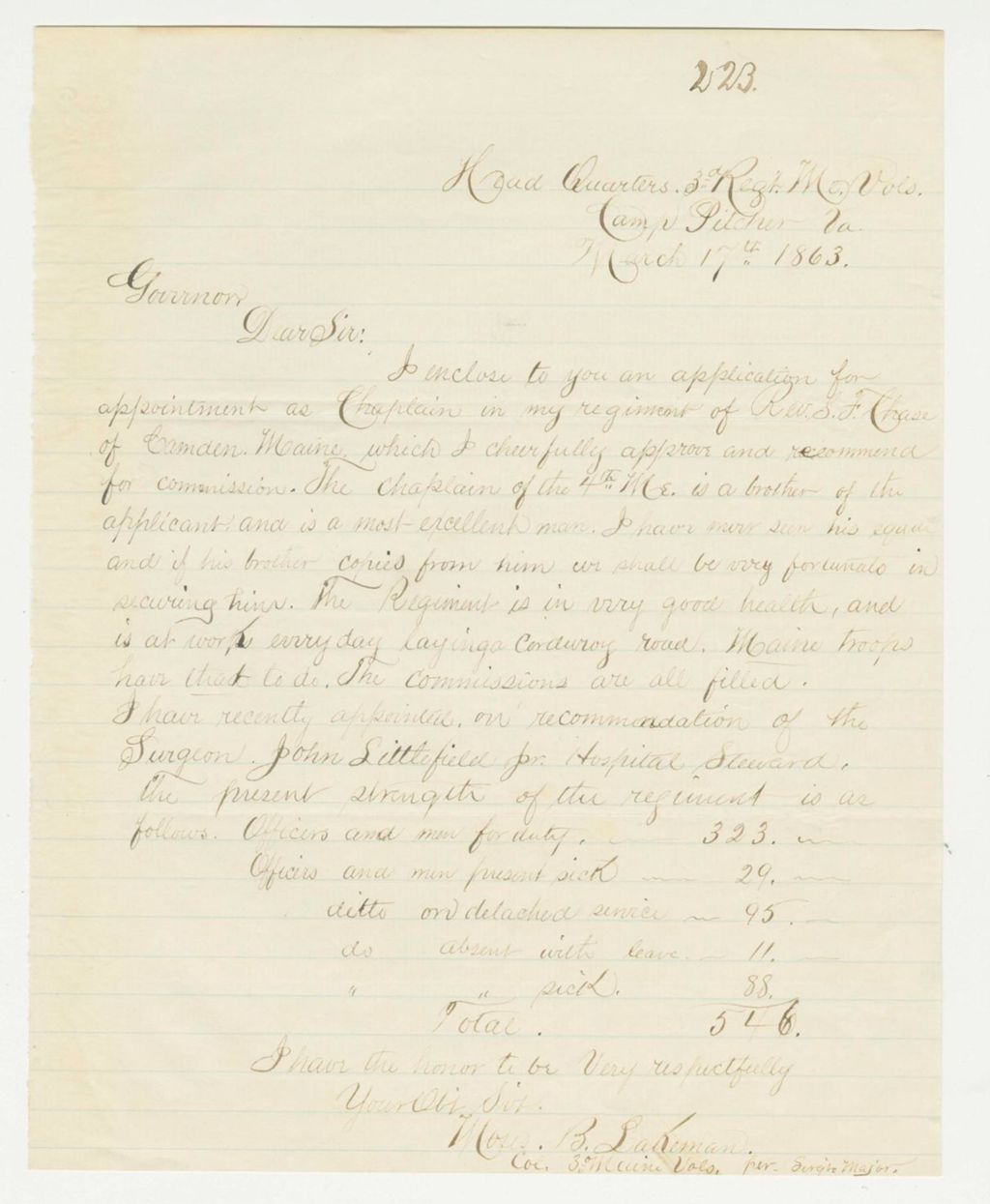 Miniature of Colonel Lakeman recommends Reverend Chase for chaplain