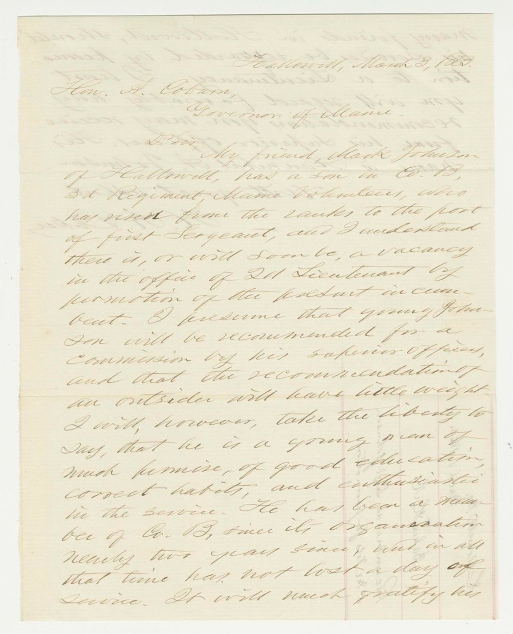 Miniature of H. K. Baker recommends Sergeant Mark Johnson for promotion