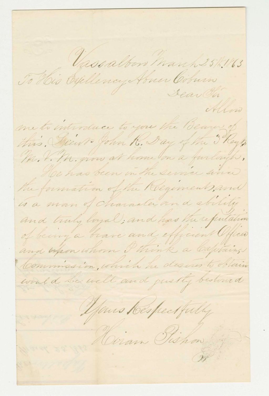 Miniature of Hiram Pishon recommends Lieutenant Day for promotion