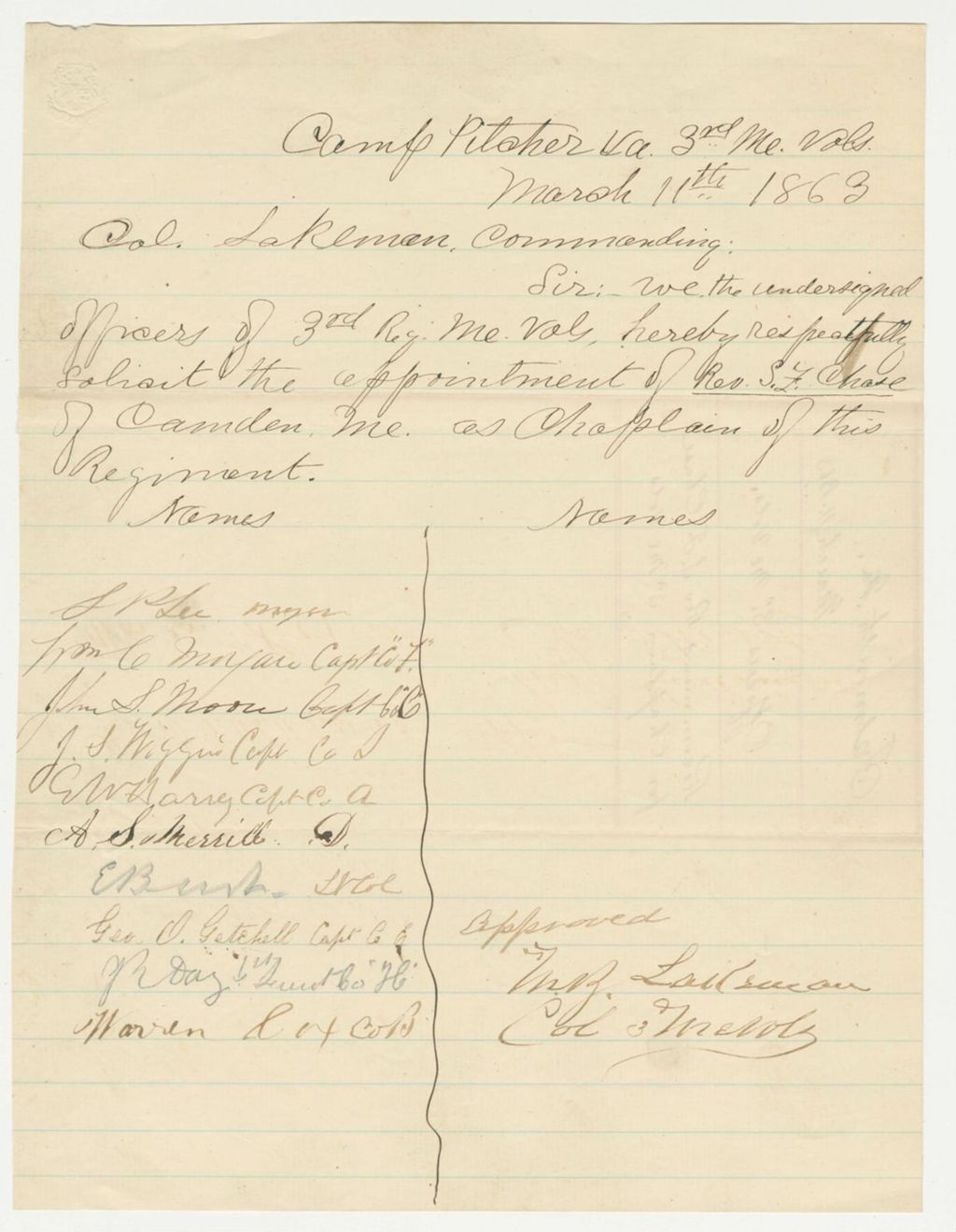 Miniature of Warren Cox and other officers request appointment of Reverend S. Chase of Camden as chaplain