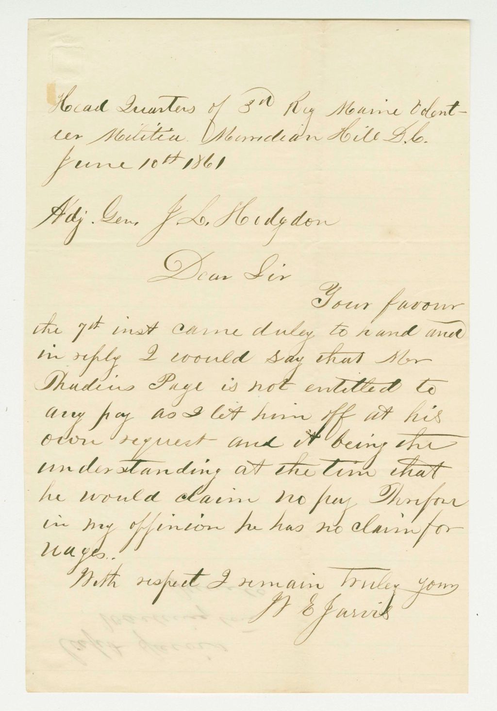 Miniature of Captain Jarvis writes that Thadius Page is not entitled to pay