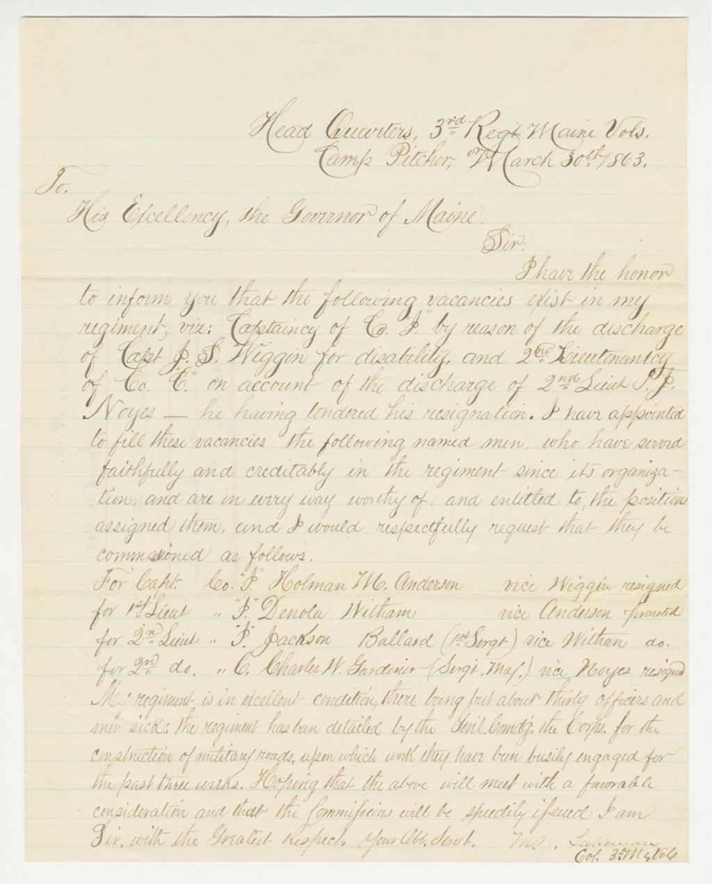 Miniature of Colonel Lakeman recommends several men for promotion