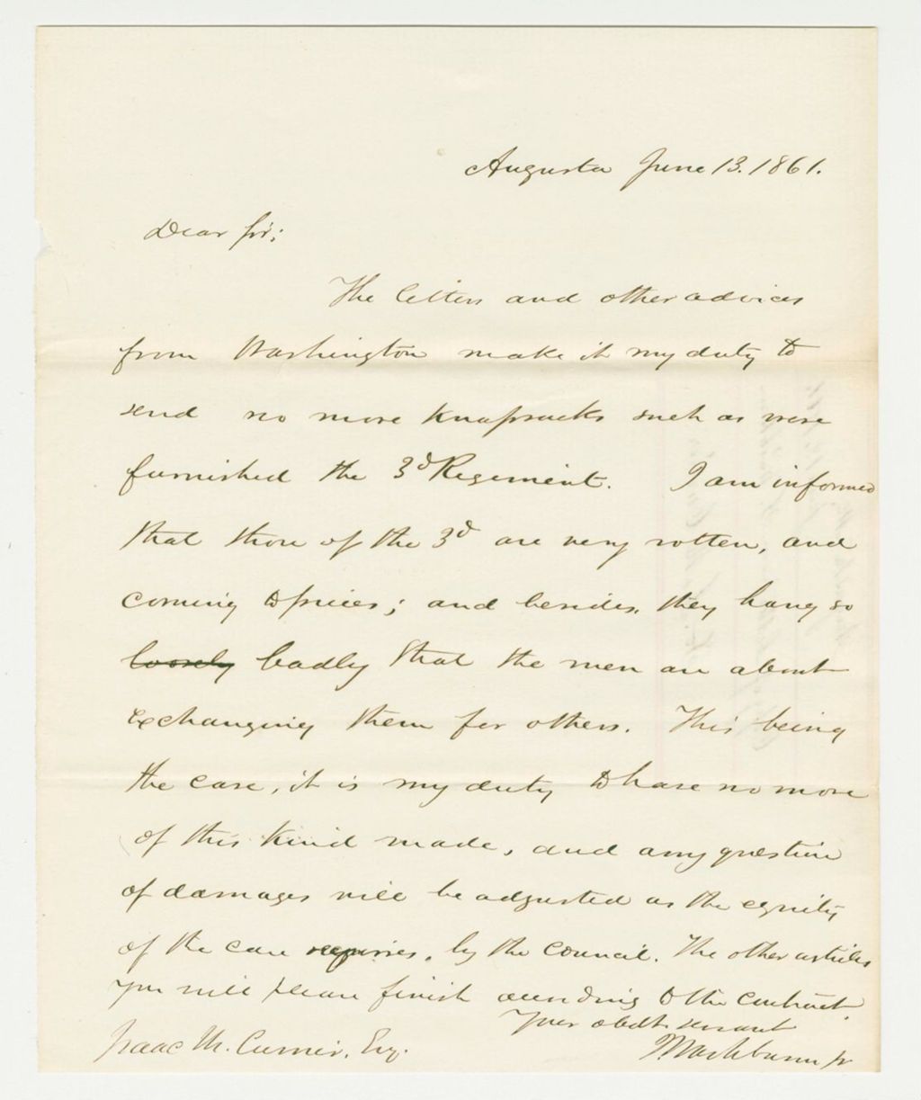 Miniature of Governor Washburn writes Isaac Currier about poor quality knapsacks