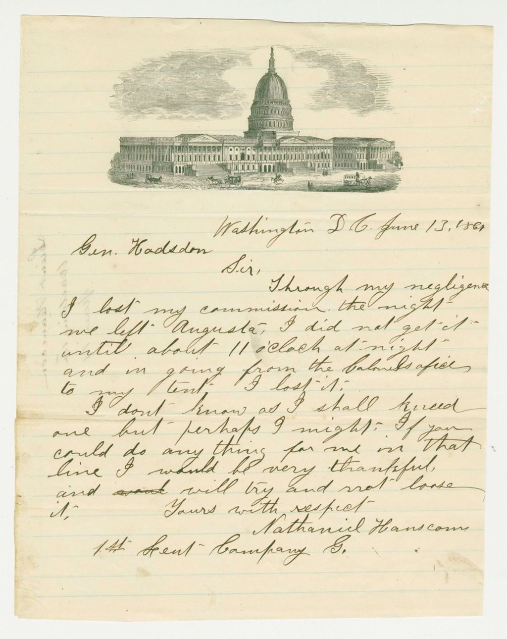 Miniature of Lieutenant Nathaniel Hanscom requests a copy of his commission