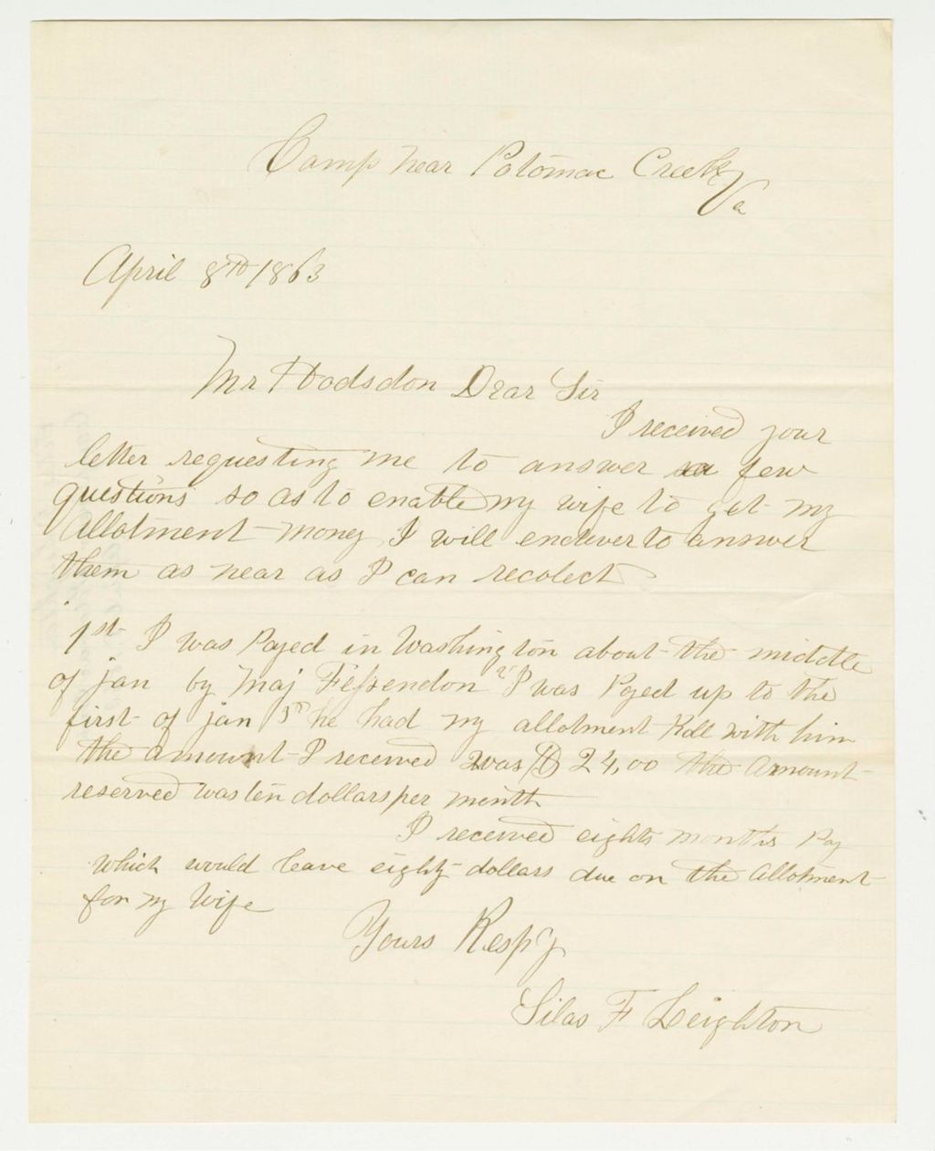 Miniature of Silas Leighton replies to Adjutant General Hodsdon regarding his payments