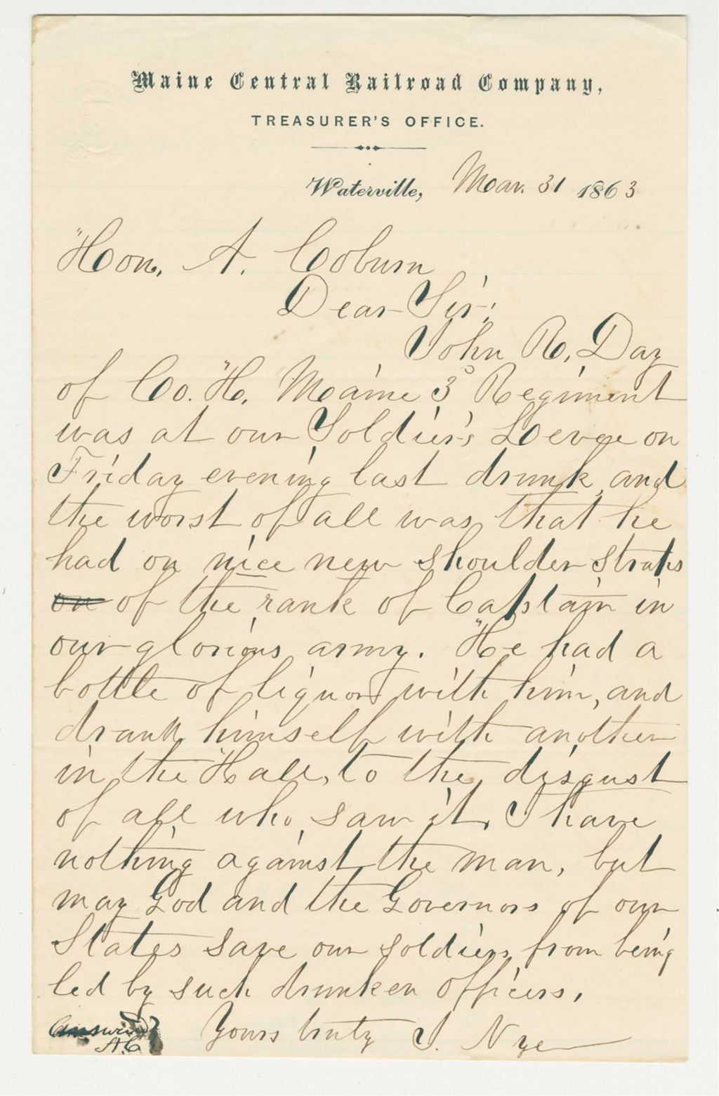 Miniature of I. Nye and C.W. Morse recommend against Captain R. Day of Company H