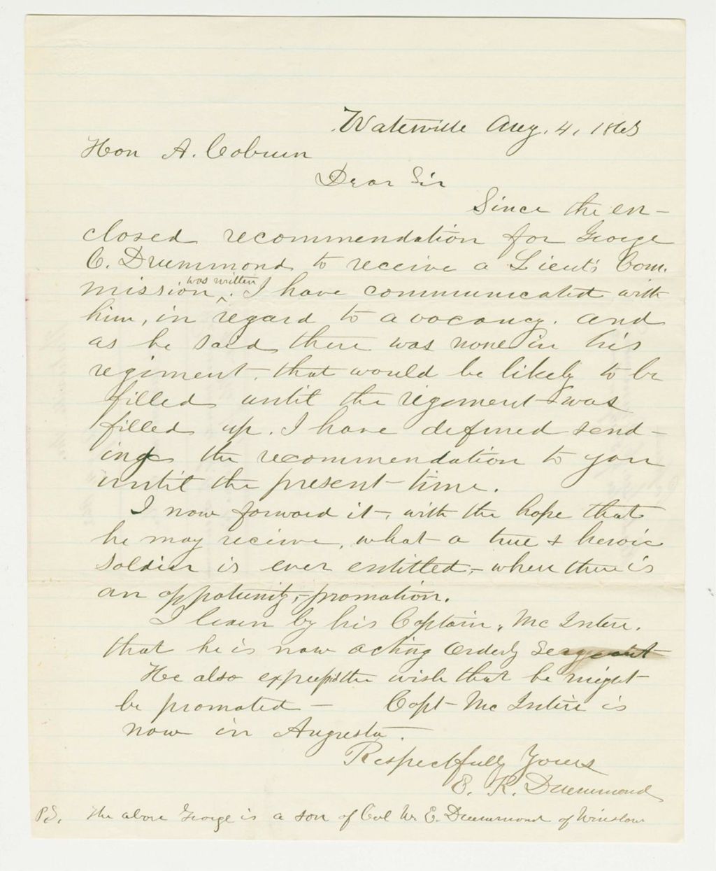 Miniature of E.R. Drummond writes regarding a promotion for George C. Drummond