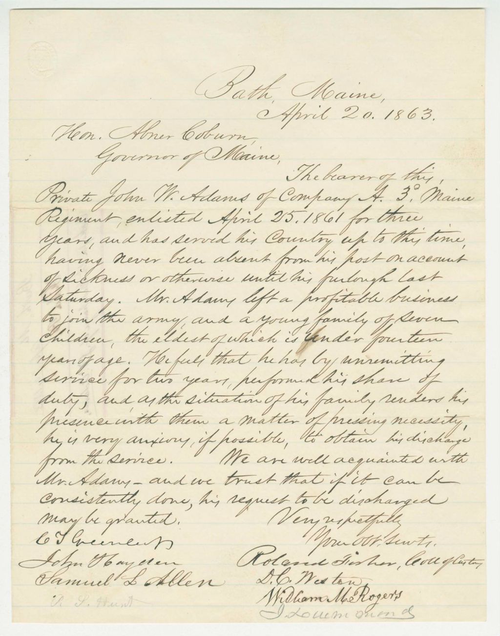 Miniature of Roland Fisher and others request a discharge for J.W. Adams