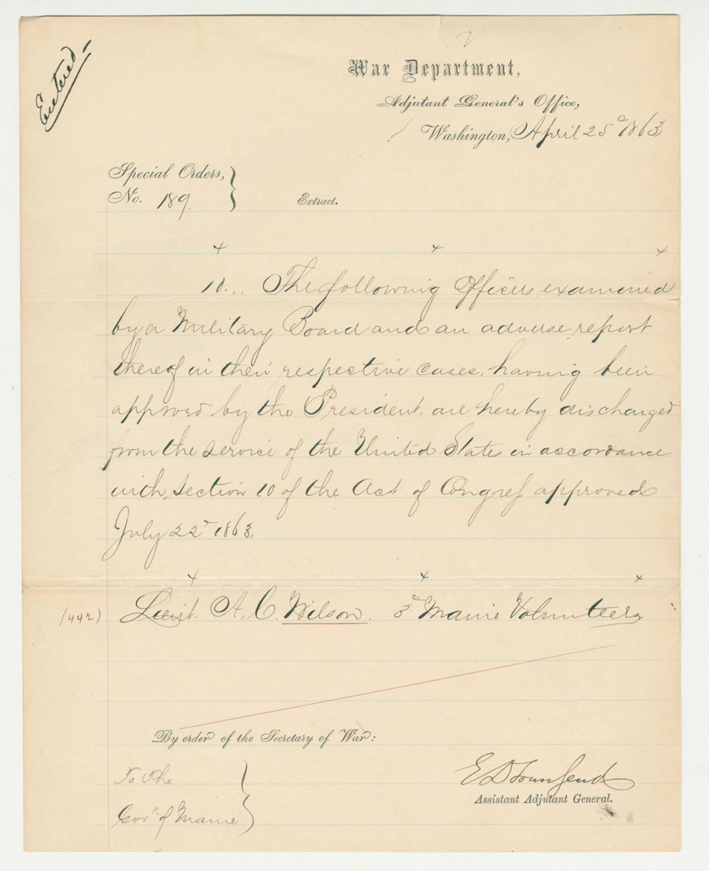Miniature of Special Order 189 discharging Lieutenant A.C. Wilson for an adverse report by the military board