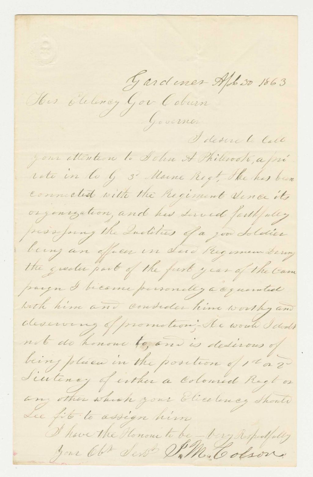 Miniature of Mr. Colson recommends John A. Philbrook for promotion
