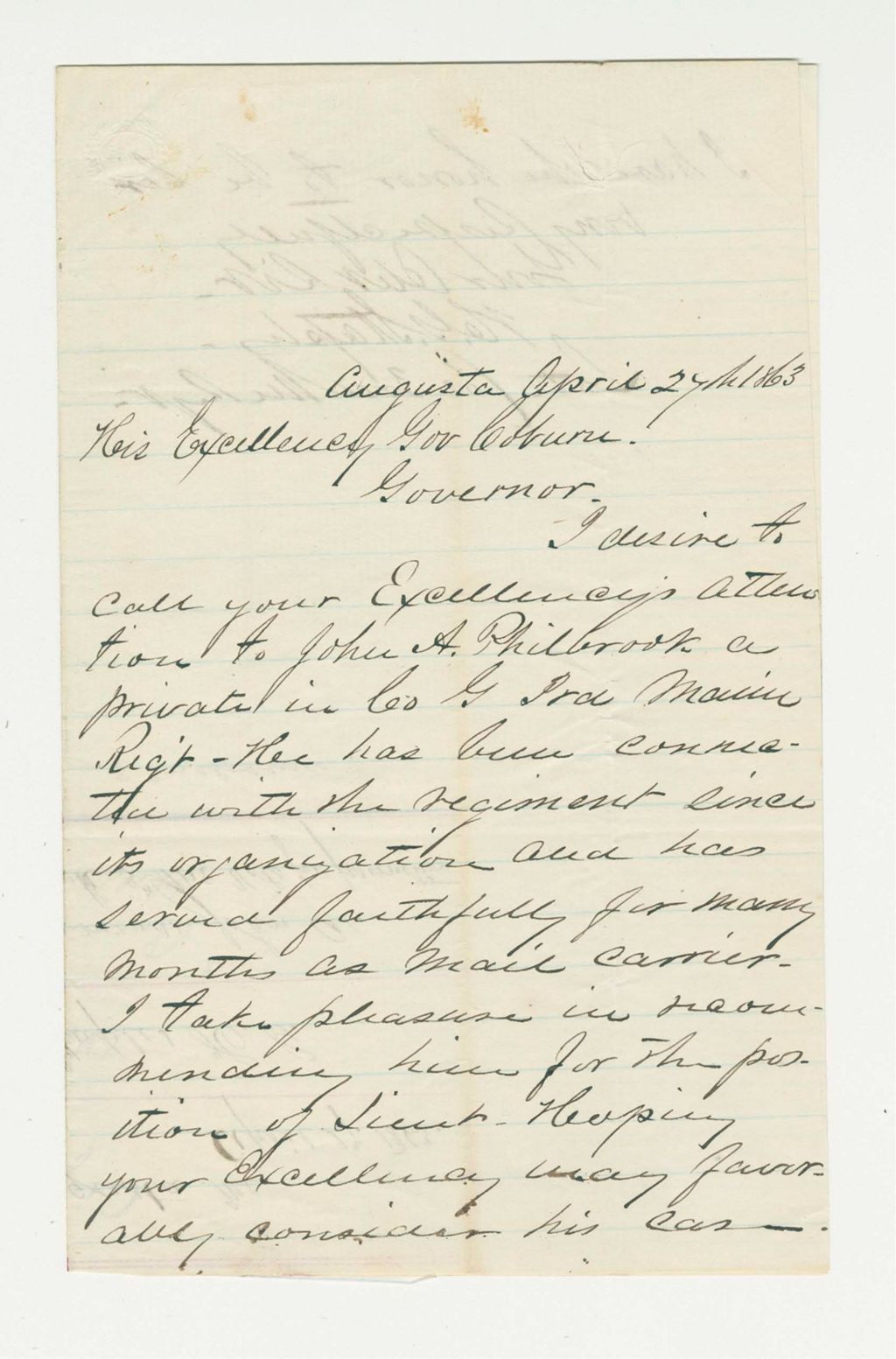 Miniature of Colonel Staples recommends John A. Philbrook for promotion