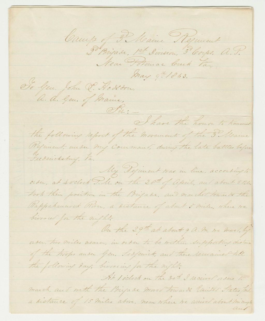 Miniature of Colonel Lakeman's Report and List of Casualties in the Battle of Fredericksburg