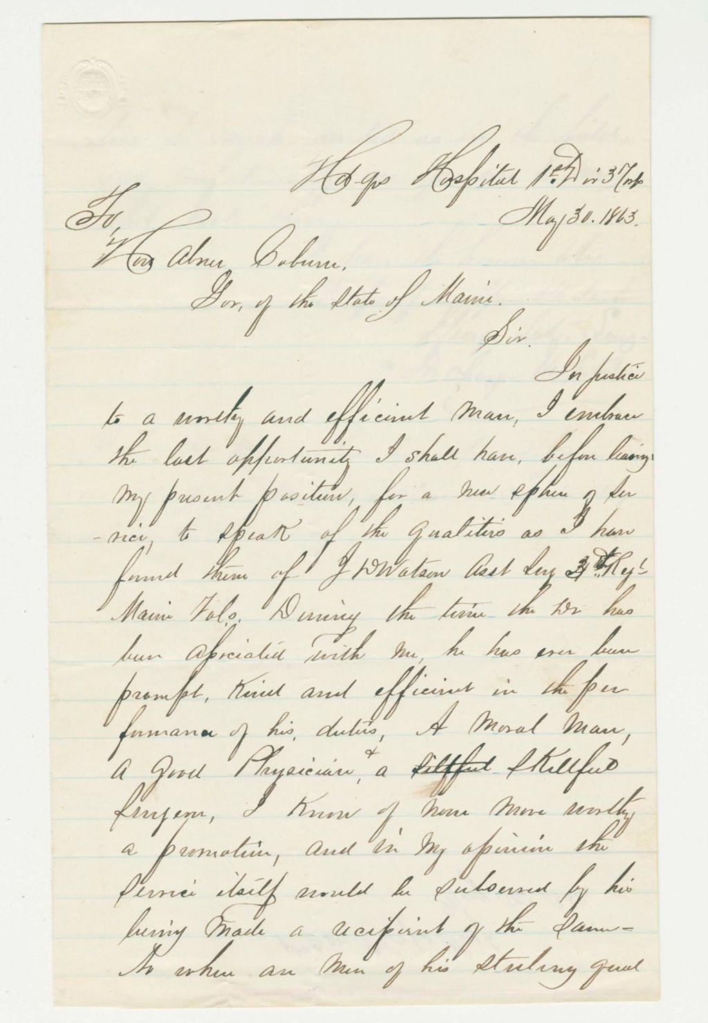 Miniature of Surgeon George Letz recommends Dr. Watson for position as surgeon