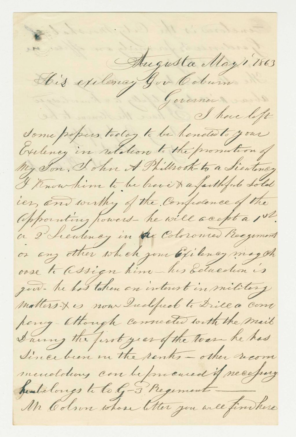Miniature of Mr. Philbrook writes regarding a promotion for his son John