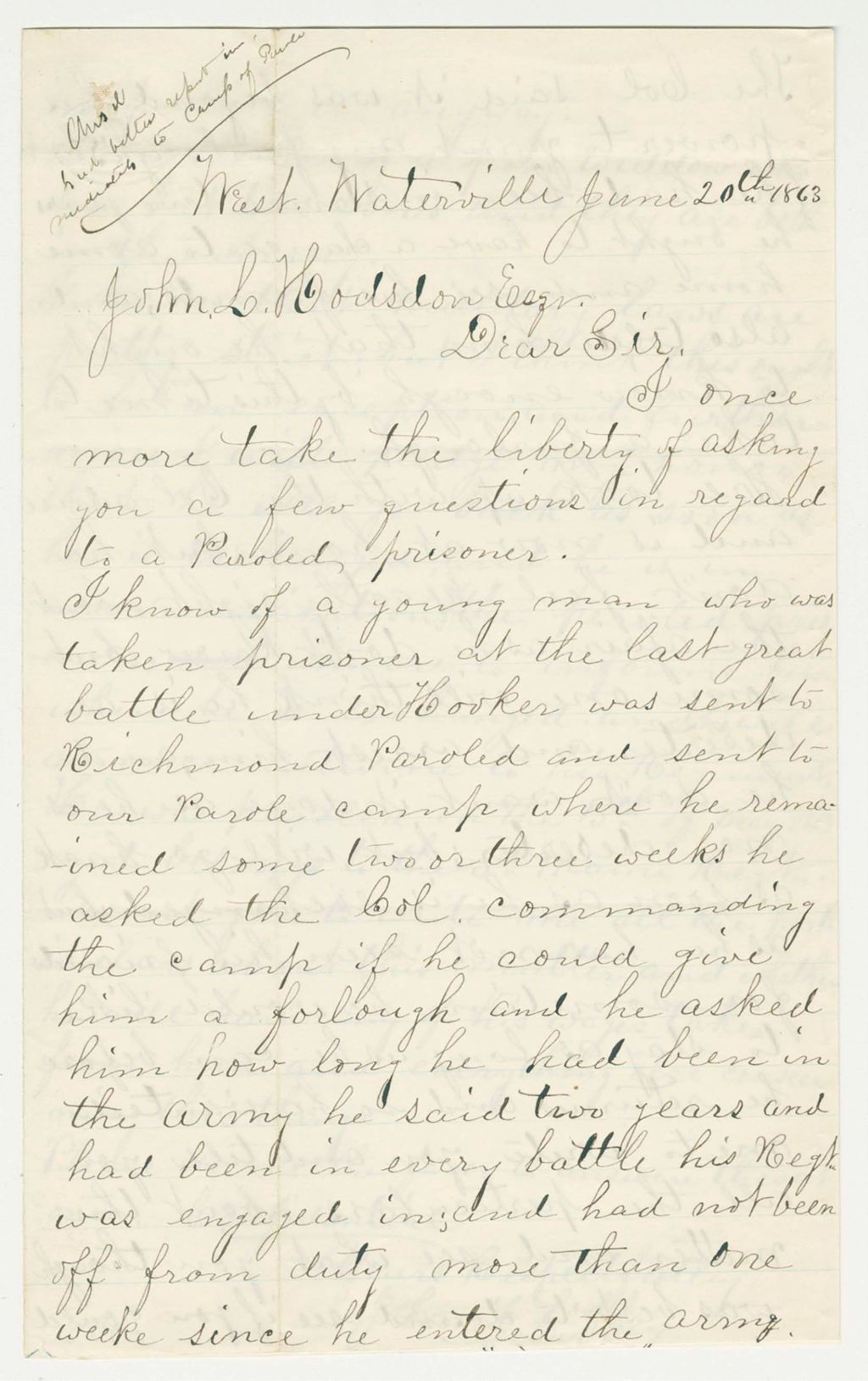 Miniature of John F. Libbey requests a furlough for a paroled prisoner