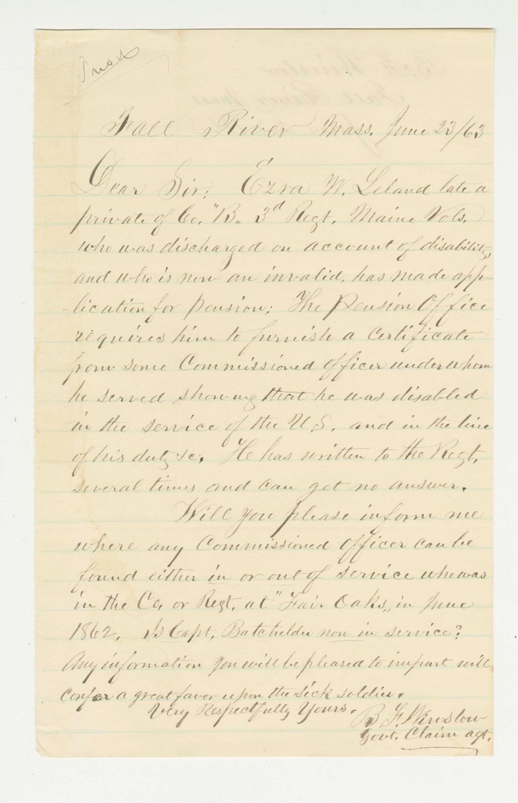 Miniature of B.F. Winslow, Claims Agent, requests proof of service for Ezra W. Leland