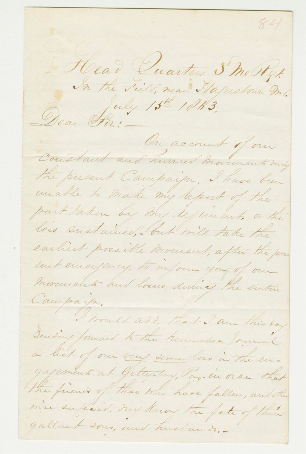 Miniature of Colonel Lakeman informs Adjutant General Hodsdon of severe losses at Gettysburg