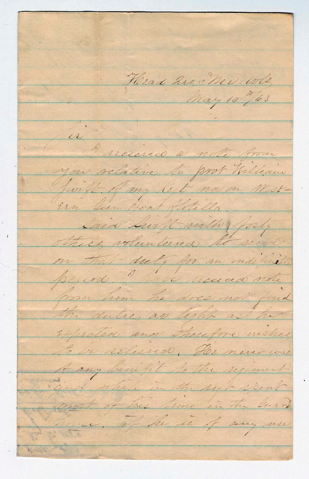 Miniature of Colonel Lakeman writes regarding William Swift's gun boat service