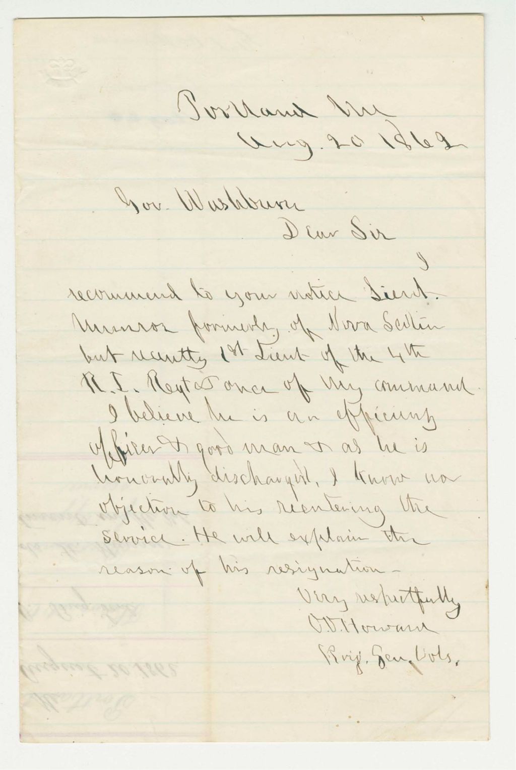 Miniature of Brigadier General Oliver O. Howard recommends Lieutenant Munroe for promotion