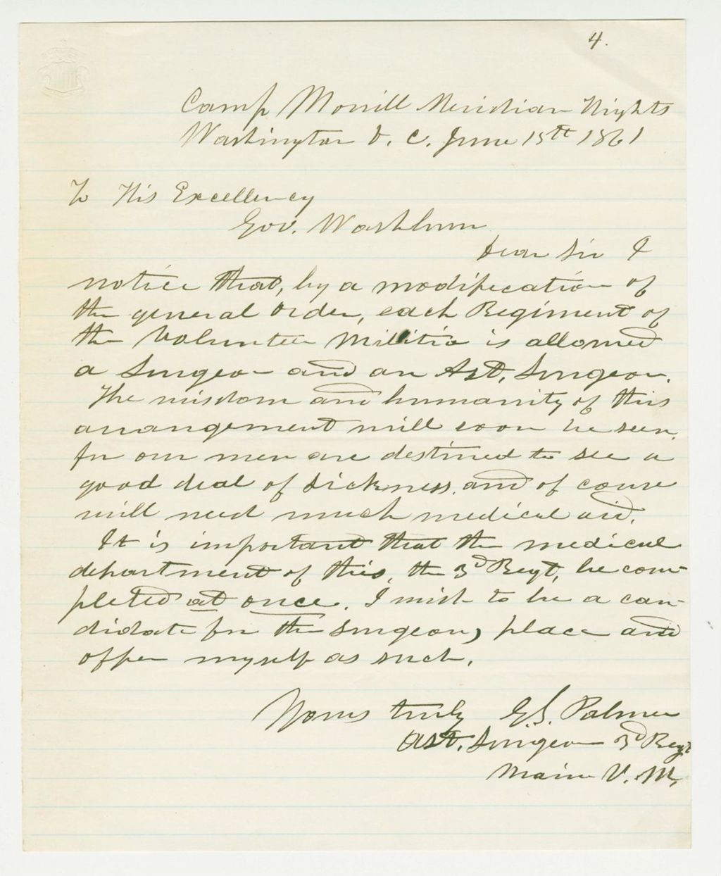 Miniature of Gideon S. Palmer requests a position as surgeon