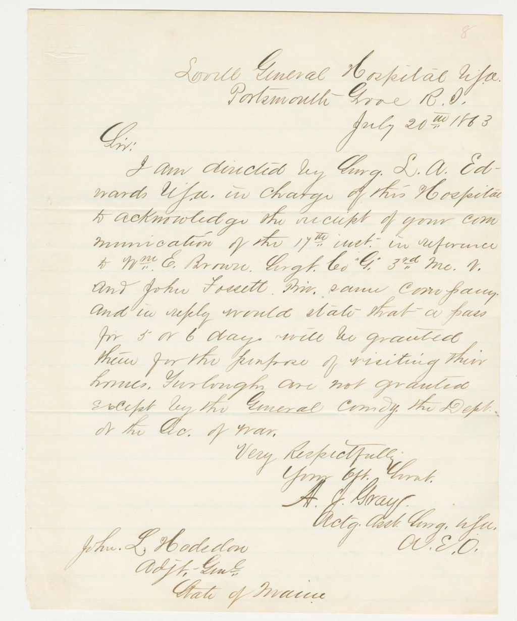 Miniature of Surgeon A. Gray writes regarding furloughs for William E. Brown and John Fossett